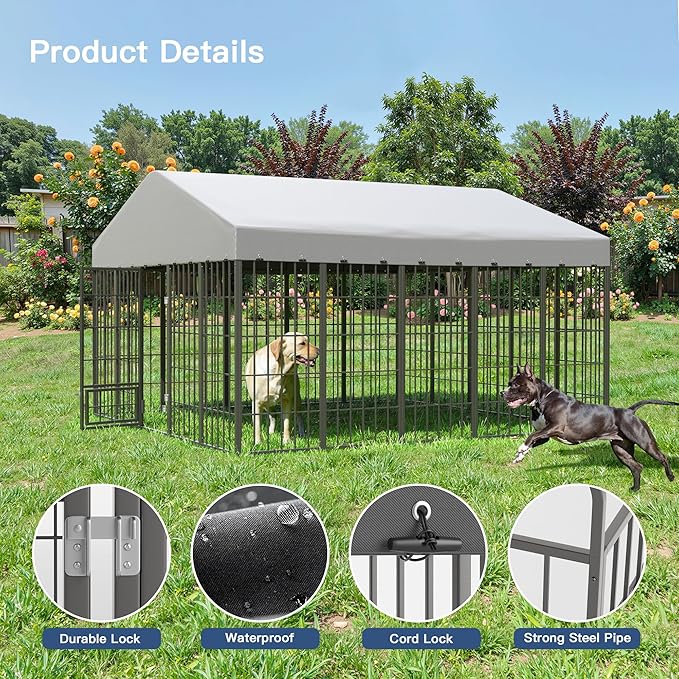 Kullavik 10x10x6 FT Large Outdoor Dog Kennel,Anti-Rust Galvanized Steel Dog Pen with Feeding Door & Double Locks,Heavy Duty Dog Enclosure Fence with UV-Resistant Waterproof Cover for Outside