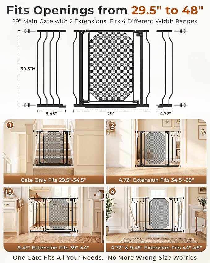 29.5-48" Baby Gate for Stairs, Pressure Mount No Drill, Lift to Unlock Child Proof, One-Hand Auto Close Walk Through Pet Dog Gate for Doorways, Fits 4 Different Width Ranges, Black