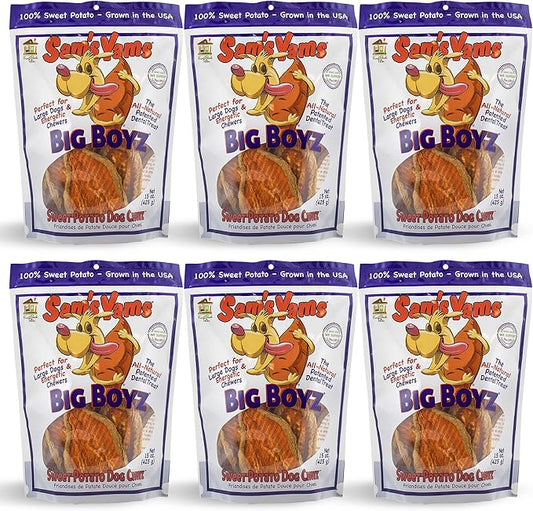 Sams Yams Sweet Potato Dog Treats, Healthy Dog Treats for Large Dogs - Sweet Potato Dog Treats Made in USA, High Fiber, Vegan Dental Chews - Big Boyz, Sweet Potato Dog Chewz, 15oz (Pack of 6)