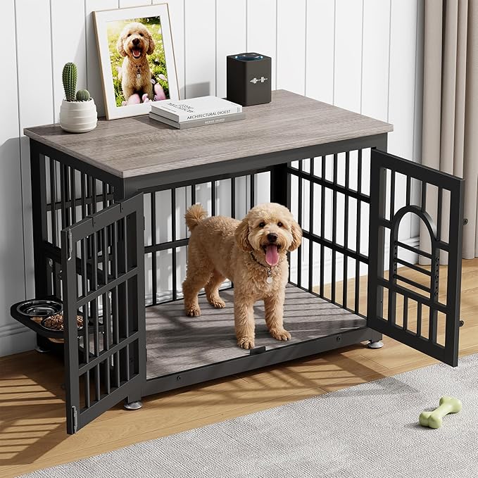 Lulive Dog Crate Furniture 37.8" Wooden Dog Kennel Table with Bowls Heavy Duty Dog Crates for Small/Medium/Large Dogs, Dog Kennel Furniture Indoor as TV Stand End Table,Grey