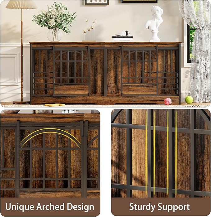COZPAW 78 Inch Double Dog Crate Furniture, Extra Large Dog Kennel Indoor for 2 Dogs, Heavy Duty Dog Cage with Divider, Wooden Dog House Decorative Table TV Stand for XLarge Dogs (Cognac Brown)