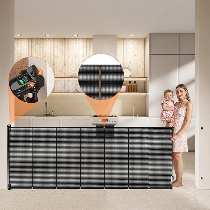 Retractable Baby Gate for Stairs, 42" Tall X 200" Wide Mesh Dog Gate Indoor, Child Gate for Doorways, Hallways, Deck, Indoor Outdoor Pet Baby Safety Essentials for Home, Black