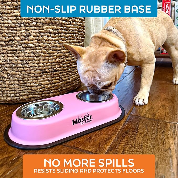 Master Pet Supply Double Dog Bowls Set with Elevated Base and 2 (8 oz) Stainless Steel Removable Dishes (Rose Quartz) – Double Cat Food Water Bowl, Dog Puppy Food Bowl Set, Rust Resistant