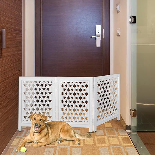 Decorative Wooden Pet Gate, Dog Fence, Cat Gate, Foldable, Adjustable, Portable, Extra-Wide, Wooden Dog Barrier, Free-Standing Puppy Gate 3 Panels for Indoor, Doorways, Stairs-24x54 Inch White Antique