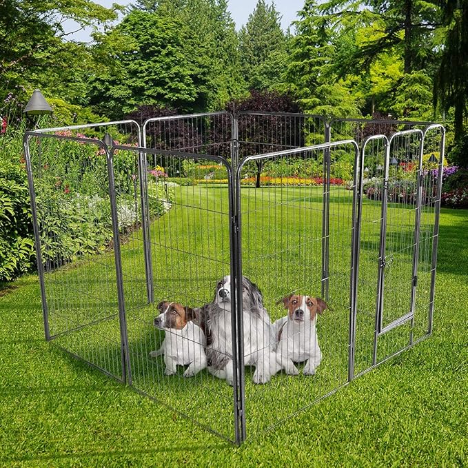 Giantex 48 inch Dog Fence with Door, 16/8 Panels Dog Playpen for Outside Large Dogs, Portable Pet Playpen Fencing Enclosures, Heavy Duty Metal Camping Fences for The Yard (16 Panels, 48 inch)