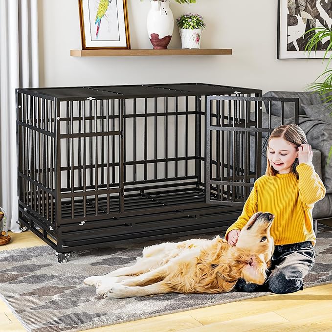 48 Inch Heavy Duty Dog Crates, Escape Proof Dog Cage Large Dogs with Wheels, Indestructible Steel Dog Cage with Upgraded Reinforced Baseplate for High Anxiety Dogs, Dog Kennel Indoor Outdoor