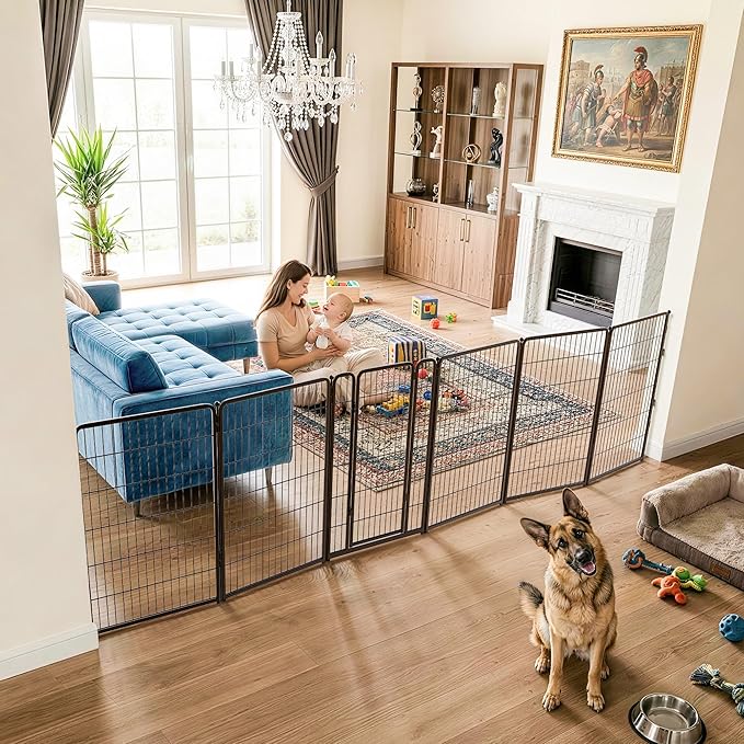 FXW Dog Gate Extra Wide Designed for Indoor Use, Adjustable Width Up to 165-inch Wide (45" H 6 Wire Panels for Large Dogs), Black