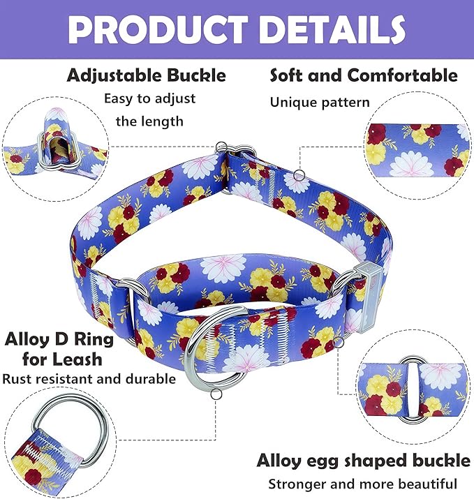 Martingale Dog Collar, Adjustable Soft No Pull Training Collar with No Buckle, Floral Pattern No Slip Martingale Collars for Large Dogs (1" Width L)