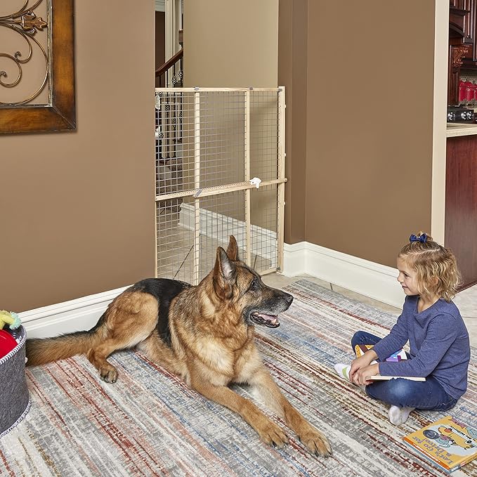 Midwest Homes for Pets Wire Mesh Pet Safety Gate, Dog Gate Expands to 50 Inches Wide, 44 Inches Tall, No Damage to Walls, Natural Wood and Powder Coated Wire