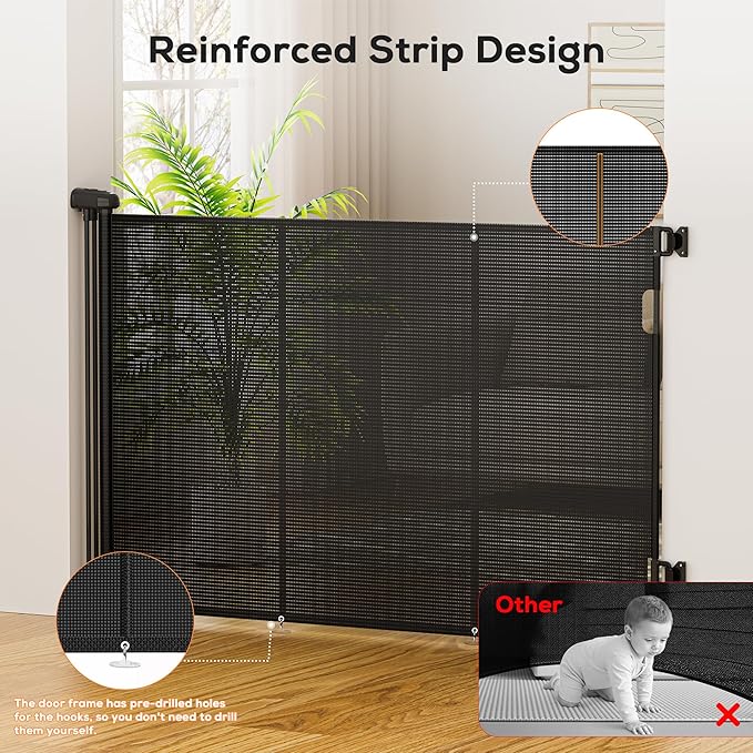 Retractable Baby Gate for Stairs, 48" Tall X 59" Wide Mesh Dog Gate Indoor, Child Gate for Doorways, Hallways, Deck, Indoor Outdoor Pet Baby Safety Essentials for Home, Black