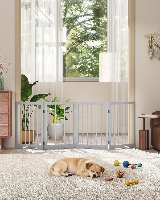 Free Standing Dog Gate Indoor, Foldable Dog Gate for Doorways Stairs Hallways,4-Panel Freestanding Pet Gate with Support Feet for Stability, Folding Puppy Gate Easy to Move, Doggy Gate 72"x24"