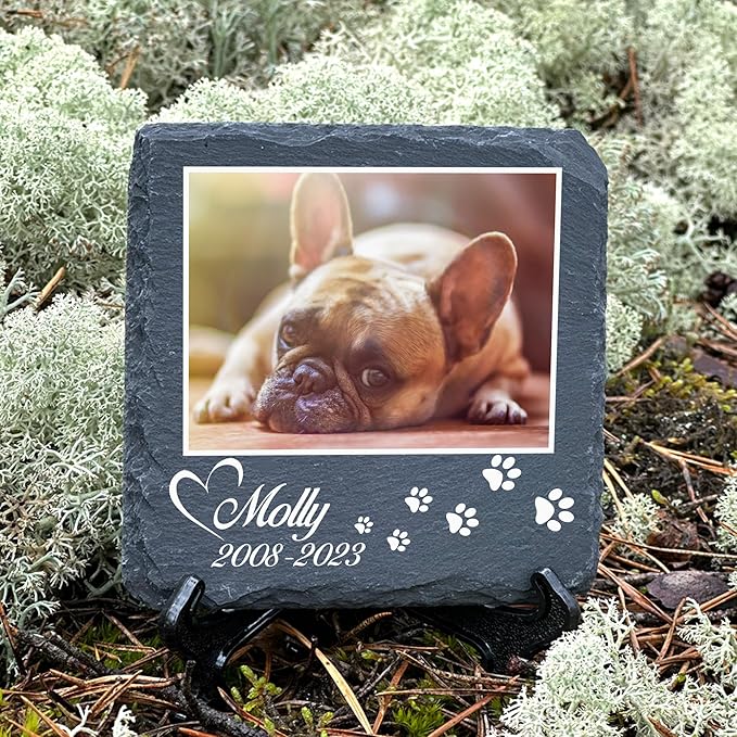Personalized Individual Square Memorial Plaque + Stand for Pet Cat Dog Slate Stone Frame Paw Grave Marker - Size 3.94" x 3.94" or 100 x 100 mm - Photo and Paw Print