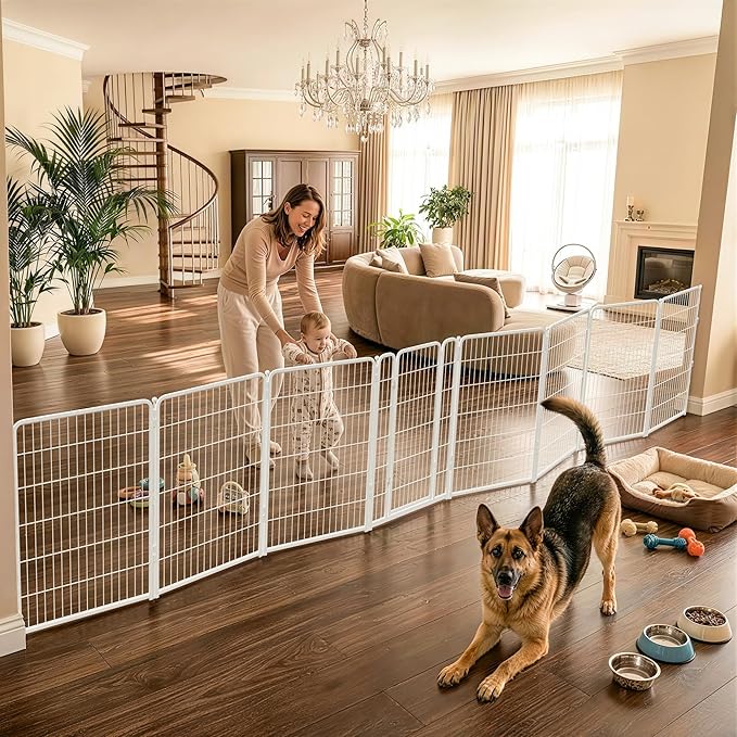 FXW Dog Gate Extra Wide Designed for Indoor Use, Adjustable Width Up to 219-inch Wide (45" H 8 Wire Panels for Large Dogs), White