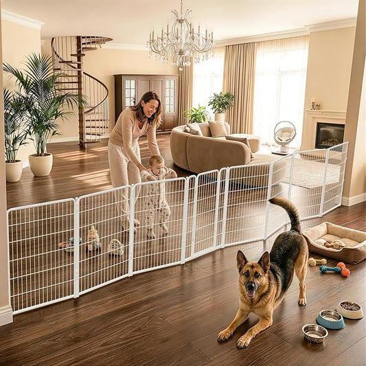 FXW Dog Gate Extra Wide Designed for Indoor Use, Adjustable Width Up to 219-inch Wide (45" H 8 Wire Panels for Large Dogs), White