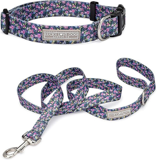 Lucky Love Dog - Easy Click Buckle Dog Collar with Leash Set Combo, Durable & Comfortable for Male & Female Dogs, Pet Collar for Medium Dogs, Secure Fit - Primrose Combo, Medium