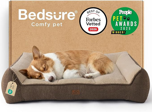 Bedsure SupportMax™ Orthopedic Dog Bed Medium Size Dog - As Seen on TV Extra Thick Supportive Medium Dogs Beds with Waterproof Washable Cover, Comfort Pet Bed Sofa with Soft Sherpa, Brown, 35"