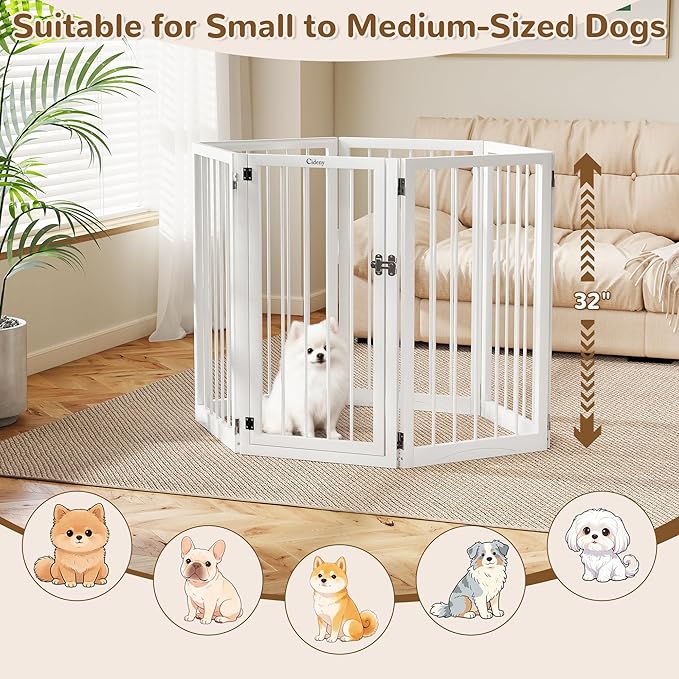 32” Extra Tall Freestanding Dog Gate, Foldable Gates for Dogs Indoor with Door, 6-Panel Dog Fence with Support Feet for Stability, Folding Dog Gates for Doorways Extra Wide No Drilling 106"x32"