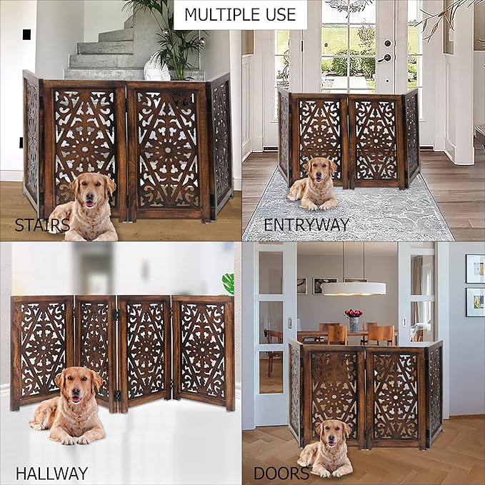 Wooden Foldable Dog Safety Gate - 4 Panels 13" W x 25" H - Hand Carved Solid Wood MDF Puppy Pet Gate - Free Standing Portable Indoor Doorway Stairs Safety Fence - Assembled - Antique Brown - IRONGATE