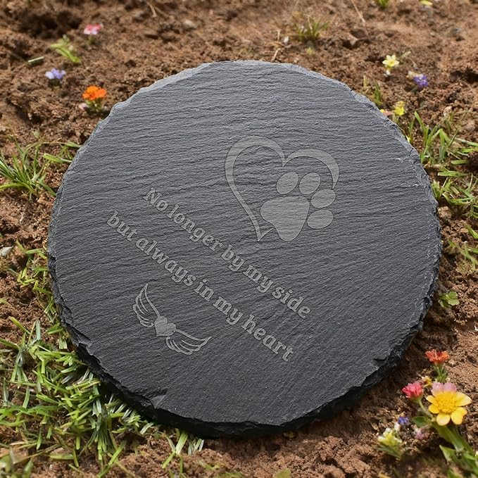 Pet Loss Sympathy Gift – 6 Inch Round Pet Memorial Stone with Paw Print, “No Longer By My Side But Always in My Heart” Engraved Grave Marker, Indoor or Garden Remembrance Decor