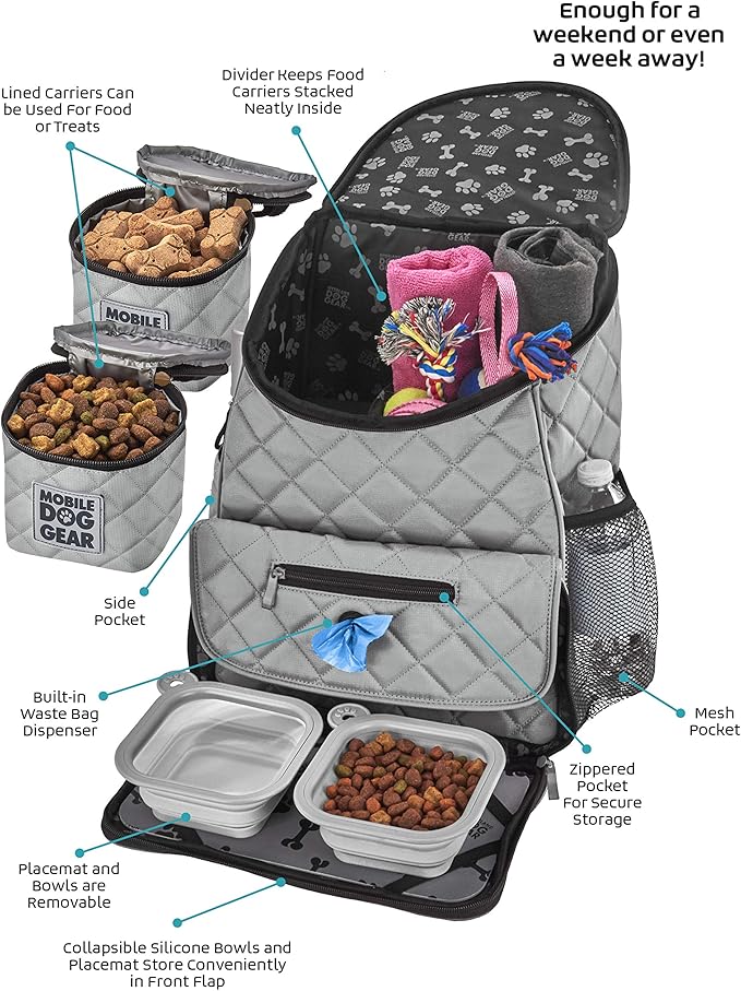 Mobile Dog Gear, Dog Travel Bag, Deluxe Quilted Weekender Backpack, Includes Lined Food Carriers and 2 Collapsible Dog Bowl, Gray