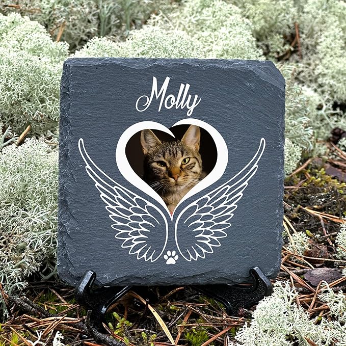 Personalized Individual Square Memorial Plaque + Stand for Pet Cat Dog Slate Stone Frame Paw Grave Marker - Size 3.94" x 3.94" or 100 x 100 mm - Angel Wings