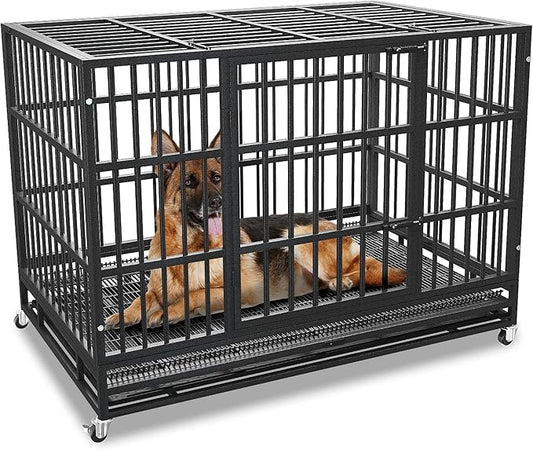 38Inch Heavy Duty Dog Crate for Large Dogs, Indestructible Escape Proof Steel Kennel with Wheels for High Anxiety Dogs, Sturdy Locks Double Door and Removable Tray, Extra Large XL XXL