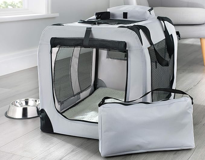 MOOL Lightweight Fabric Pet Carrier Crate with Fleece Mat and Food Bag, Grey