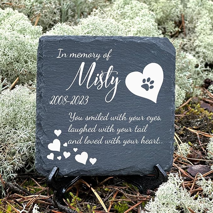 Personalized Individual Square Memorial Plaque + Stand for Pet Cat Dog Slate Stone Frame Paw Grave Marker - Size 3.94" x 3.94" or 100 x 100 mm - Poem