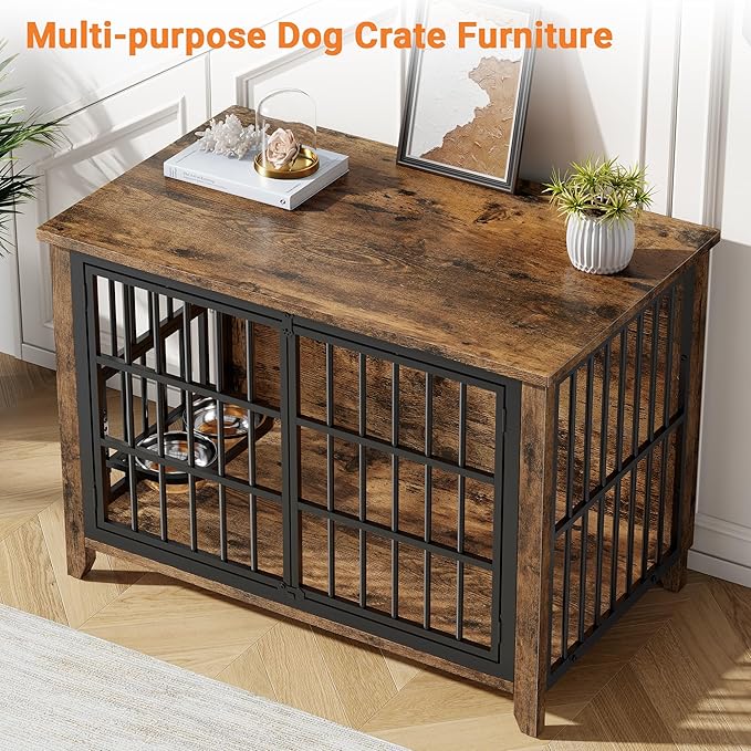 37.7" Dog Crate Furniture, Wooden Dog Kennel Indoor with 360° Rotating Feeder and 2 Adjustable Bowls, Decorative Side End Table Dog Cage for Medium Dogs, Rustic Brown