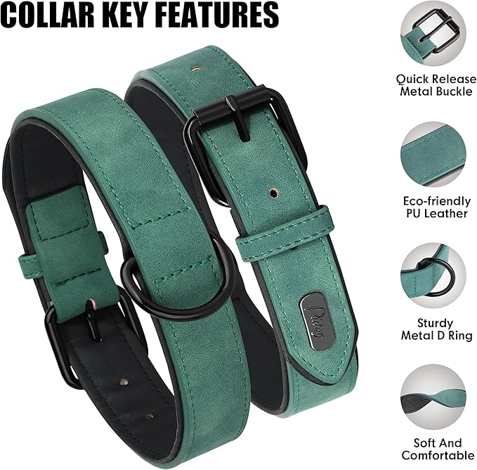 Didog Soft Padded PU Leather Dog Collar, Breathable and Adjustable Red Dog Collars for Small Dogs, Comfortable for Daily Walk, Green, M Fit Neck 11-14"(10-20 lbs)