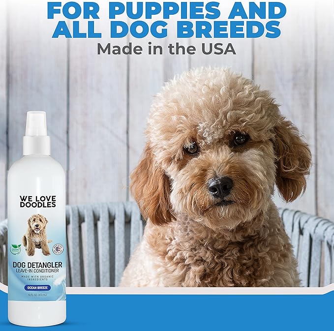 We Love Doodles Pin Brush for Dogs & Ocean Breeze Dog Detangler Spray Bundle - Brush for Removing Loose Fur & Dematting Spray Made in USA