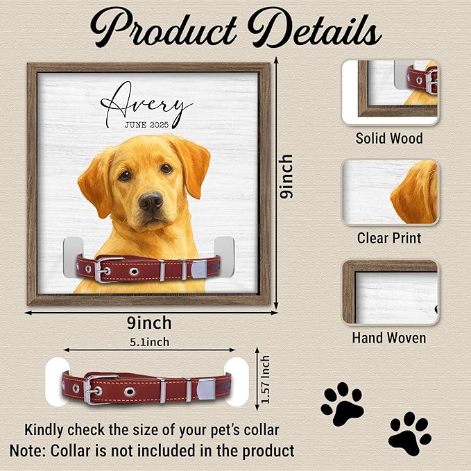 Dog Collar Memorial Frame with Custom Pet Portrait – Minimalist Pet Loss Picture Frame with Name and Date – Personalized Dog Memorial Gift with Collar Holder