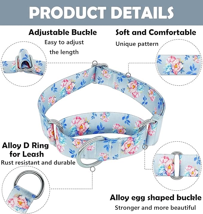 Martingale Dog Collar, Adjustable Soft No Pull Training Collar with No Buckle, Floral Pattern No Slip Martingale Collars for Large Dogs (1" Width L)