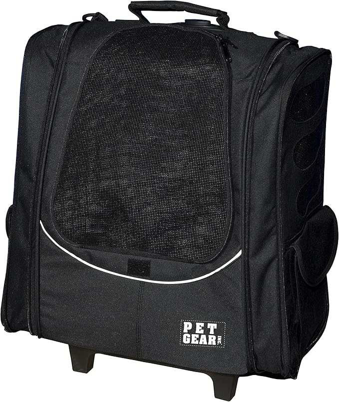 Pet Gear I-GO2 Roller Backpack, Travel Carrier, Car Seat for Cats/Dogs, Mesh Ventilation, Included Tether, Telescoping Handle, Storage Pouch