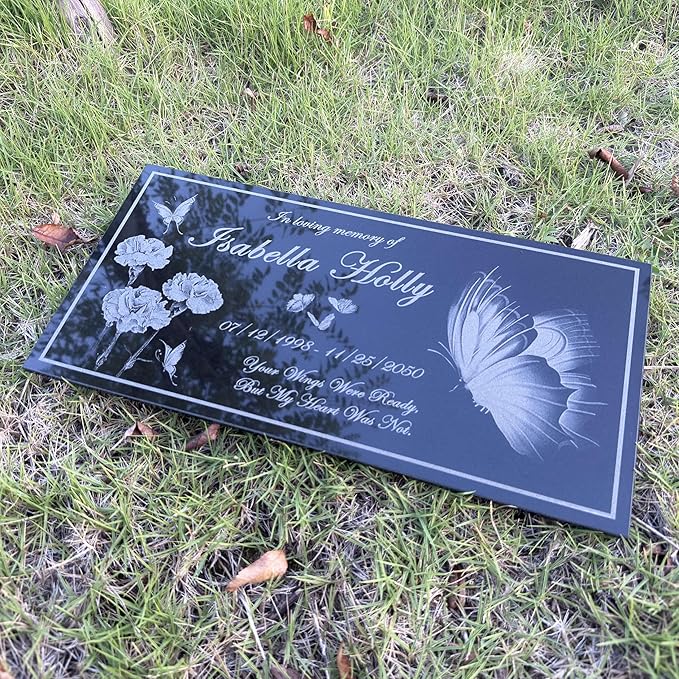 Personalized Memorial Stone, Butterfly Memorial Plaque, Headstone for Graves, Grave Markers for Cemetery for Humens, Tombstone Grave Outdoors, Black Granite Headstone, Grave Decorations for Cemetery
