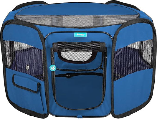 Deluxe Premium Pet Dog Playpen Portable Soft Dog Exercise Pen Kennel with Carry Bag for Dogs, Cats, Kittens, and All Pets (Small, Blue)