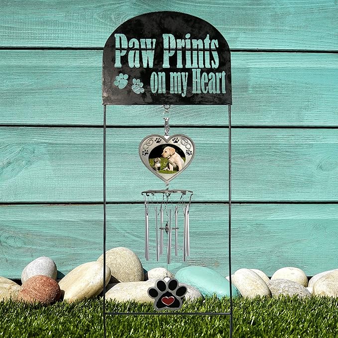 Pet Memorial - Garden Marker with Wind Chimes and Photo Frame- Black Wrought Iron Garden Stake and Windchime - Paw Prints on My Heart - Dog or Cat Loss Gift - Pet Memorial Gifts - 22.5" H