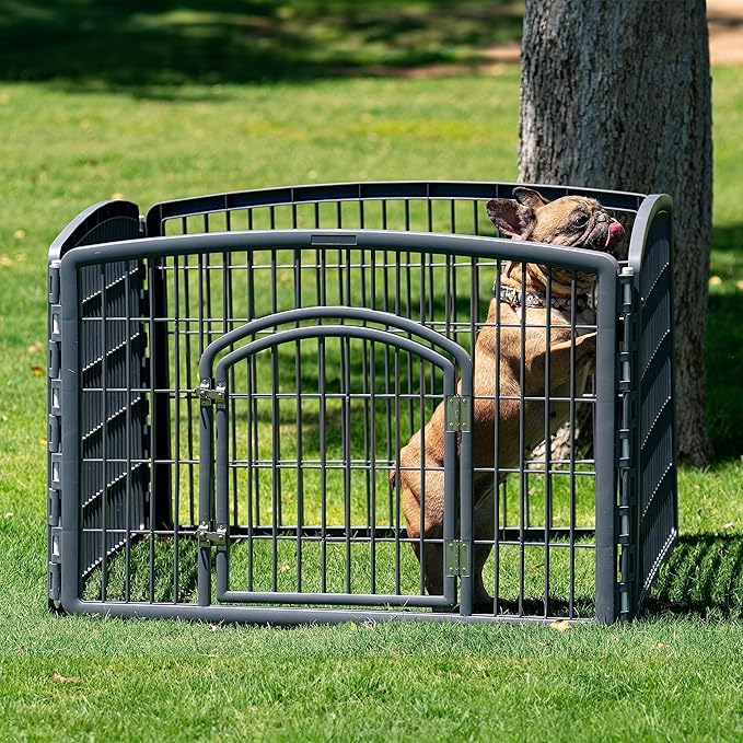 IRIS USA 24" Exercise 4-Panel Pet Playpen with Door, Dog Playpen, Puppy Playpen, Small and Medium Dogs, Keep Pets Secure, Easy Assemble, Rust-Free, Heavy-Duty Molded Plastic, Customizable, Gray