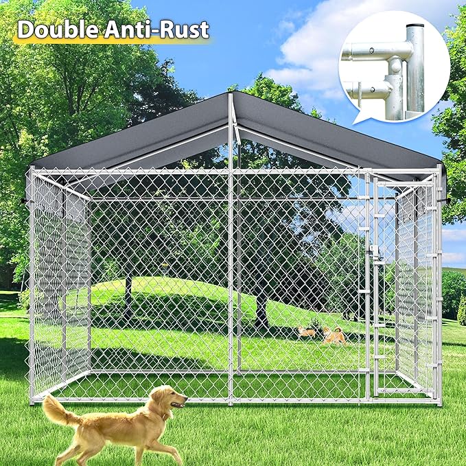 10x10ft Extra Large Dog Kennel Outdoor, Heavy-Duty Outside Dog Kennel with Roof, Security Latch-Lock Door, Chain-Link Dog Enclosure Dog Run for Yard with Cover