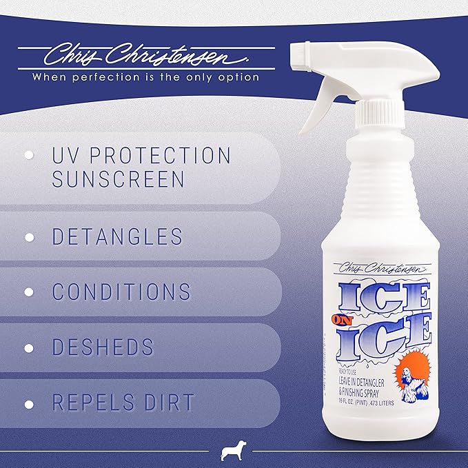 Chris Christensen Ice on Ice Detangle & Finishing Bundle: Detangler Spray for Elasticity & Strength + 20mm Slip Dematting Brush for Smooth Coats