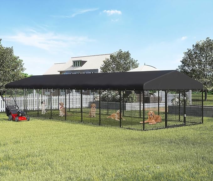 354" x 118" Outdoor Dog Kennel Steel Ideal Dog Fence for Medium/Small Dogs Anti-Rust Coating Cage with Roof All Weather Resistant Dog House with Double Locks
