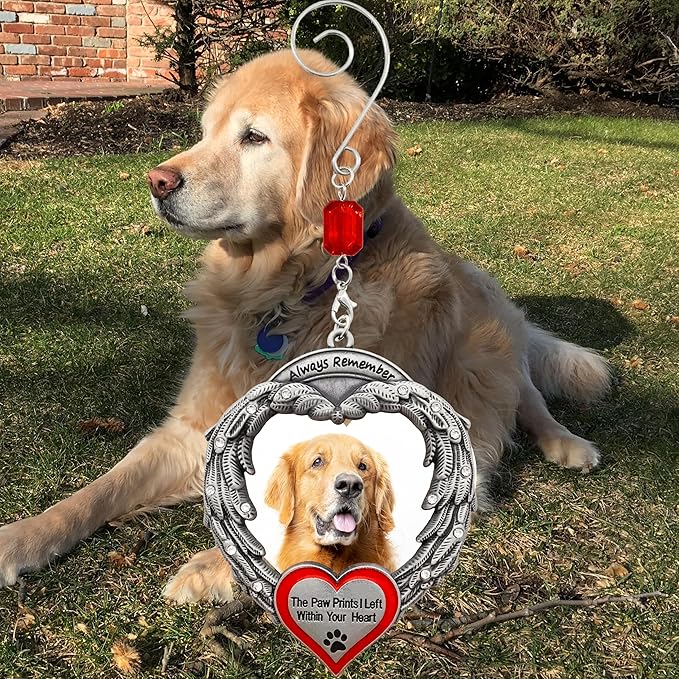 Pet Memorial Photo Ornament - Custom Picture Ornaments - Always Remember The Paw Prints I Left Within Your Heart - Angel Wings Christmas Decoration - Gift Storage Bag Included - Measures 4" H x 3" W